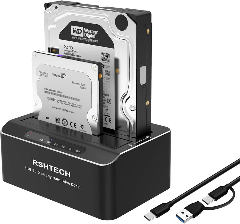 Rshtech Hard Drive Docking Station Aluminum USB-C/USB 3.0 to SATA Dual Bay Hard Drive Dock for 2.5 or 3.5 inch HDD SSD, with 2-in-1 USB Cable, Support Offline Clone, UASP and 2x22TB, RSH-DS01C - Image 1